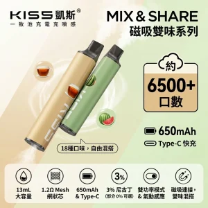一次性電子煙｜KIS5 磁吸雙味 6500口｜13mL 磁吸混搭 雙功率切換 型別-C可充電